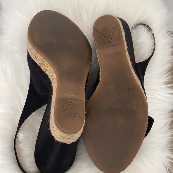 Prada women's black satin floral applique wedge sandal - Picture 6 of 6